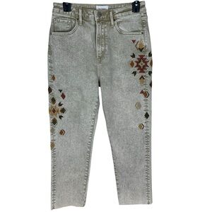 Women's Driftwood Beige Southwest Embroidered Royce Raw Hem Jeans Size 26
